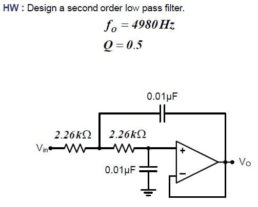 HW : Design a second order low pass filter.
fo = 4980 Hz
Q = 0.5
0.01µF
2.26kQ
2.26KQ
Vin W-
Vo
0.01µF
