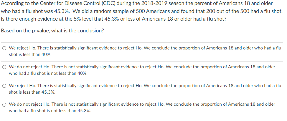 According to the Center for Disease Control (CDC) during the 2018-2019 season the percent of Americans 18 and older
who had a flu shot was 45.3%. We did a random sample of 500 Americans and found that 200 out of the 500 had a flu shot.
Is there enough evidence at the 5% level that 45.3% or less of Americans 18 or older had a flu shot?
Based on the p-value, what is the conclusion?
O We reject Ho. There is statistically significant evidence to reject Ho. We conclude the proportion of Americans 18 and older who had a flu
shot is less than 40%.
O We do not reject Ho. There is not statistically significant evidence to reject Ho. We conclude the proportion of Americans 18 and older
who had a flu shot is not less than 40%.
O We reject Ho. There is statistically significant evidence to reject Ho. We conclude the proportion of Americans 18 and older who had a flu
shot is less than 45.3%.
O We do not reject Ho. There is not statistically significant evidence to reject Ho. We conclude the proportion of Americans 18 and older
who had a flu shot is not less than 45.3%.
