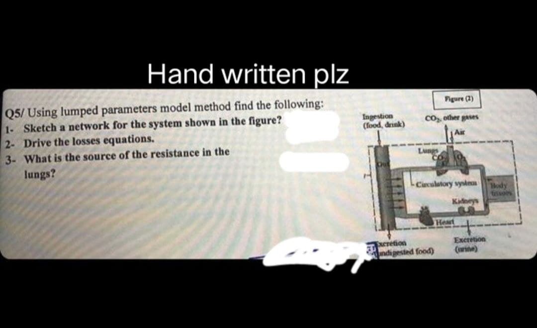 Hand written plz
Q5/ Using lumped parameters model method find the following:
1- Sketch a network for the system shown in the figure?
2- Drive the losses equations.
3- What is the source of the resistance in the
lungs?
Ingestion
(food, drink)
Figure (2)
CO₂ other gases
Lungs
Circulatory systems
Kidney's
S
Heart
Excretion
(urine)
Excretion
ndigested food)
Body