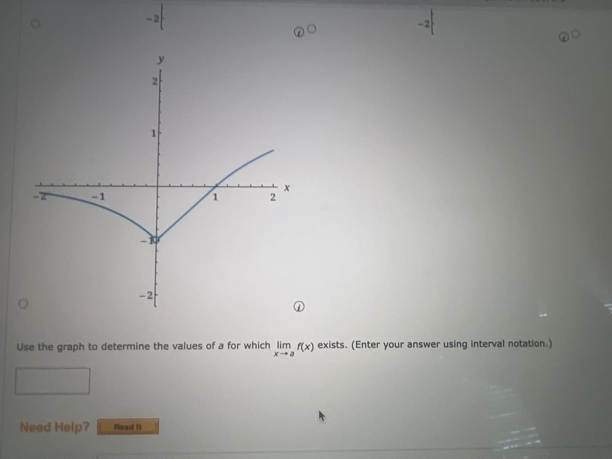 -2
1
Need Help? Read It
-2
Use the graph to determine the values of a for which lim f(x) exists. (Enter your answer using interval notation.)
x-a