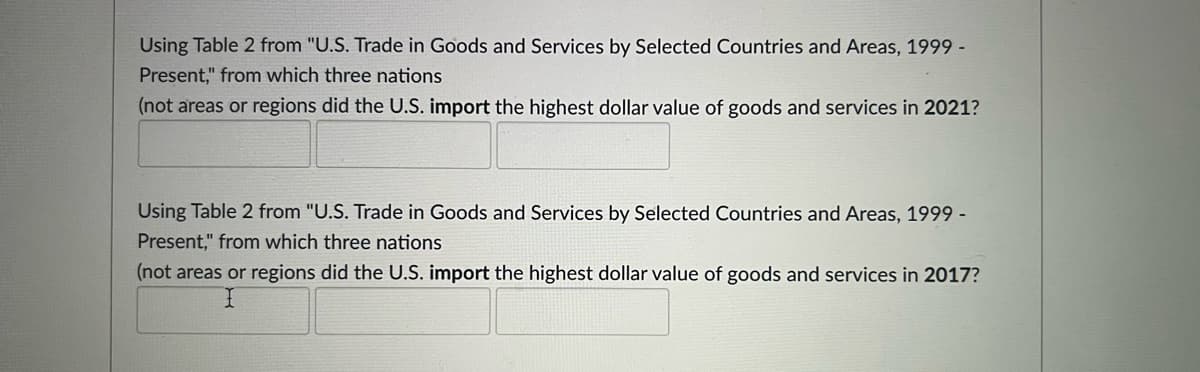 Using Table 2 from "U.S. Trade in Goods and Services by Selected Countries and Areas, 1999 -
Present," from which three nations
(not areas or regions did the U.S. import the highest dollar value of goods and services in 2021?
Using Table 2 from "U.S. Trade in Goods and Services by Selected Countries and Areas, 1999 -
Present," from which three nations
(not areas or regions did the U.S. import the highest dollar value of goods and services in 2017?