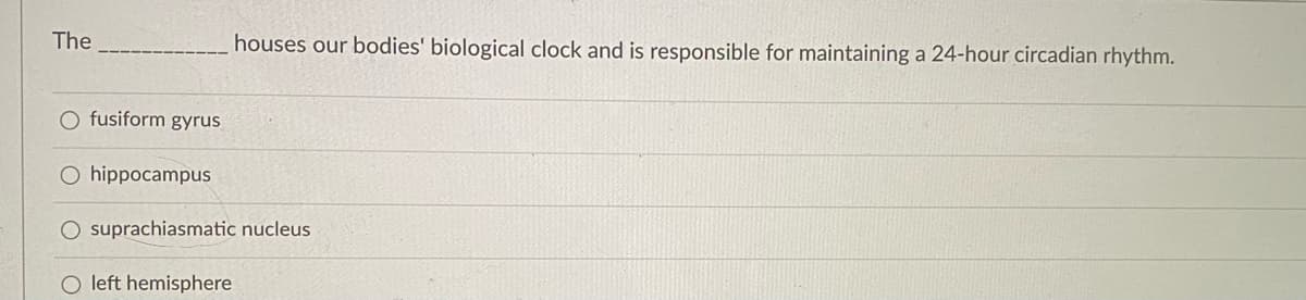 The
houses our bodies' biological clock and is responsible for maintaining a 24-hour circadian rhythm.
O fusiform gyrus
hippocampus
O suprachiasmatic nucleus
O left hemisphere
