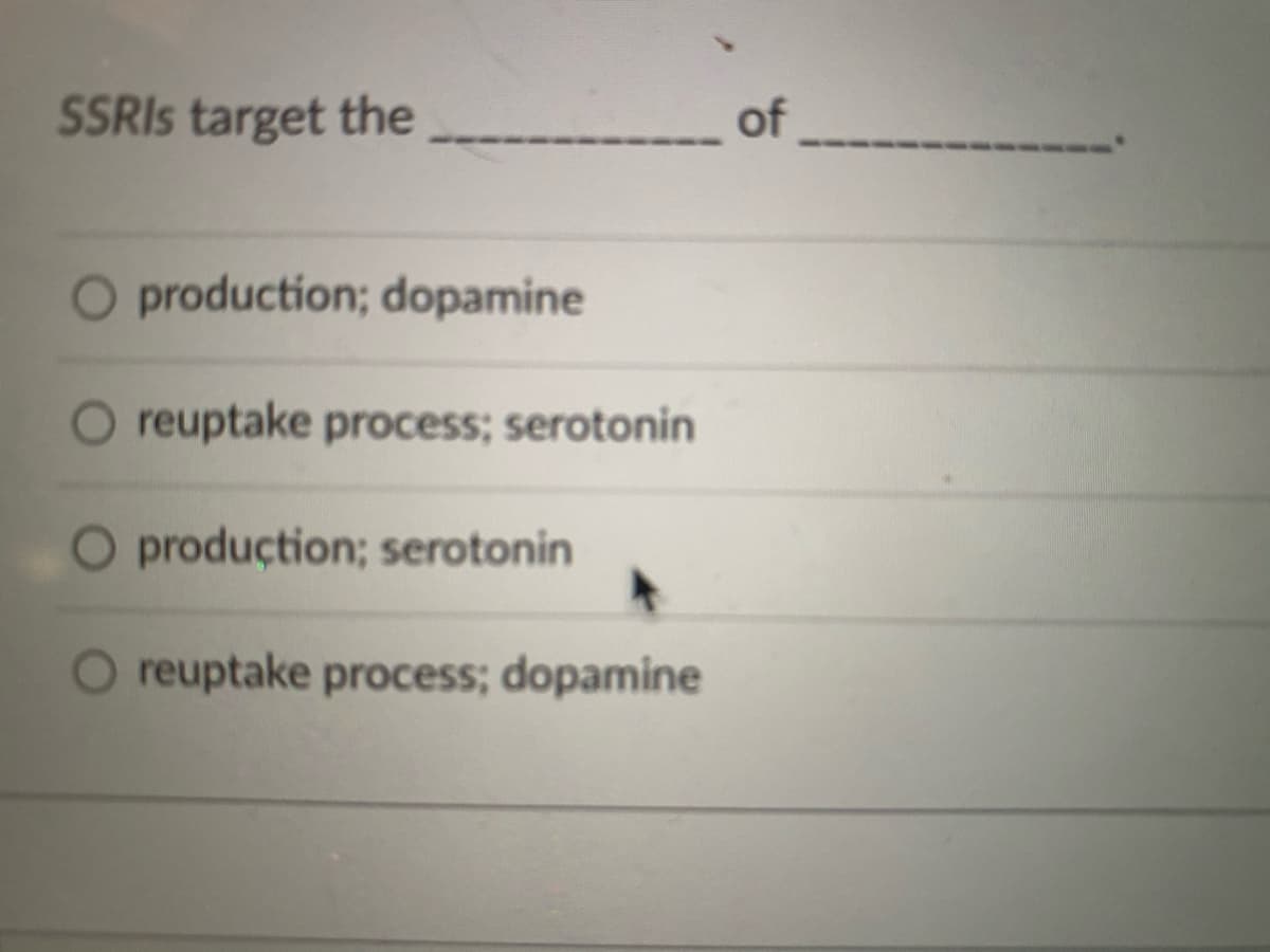 SSRIS target the
of
O production; dopamine
reuptake process; serotonin
O produçtion; serotonin
reuptake process; dopamine
