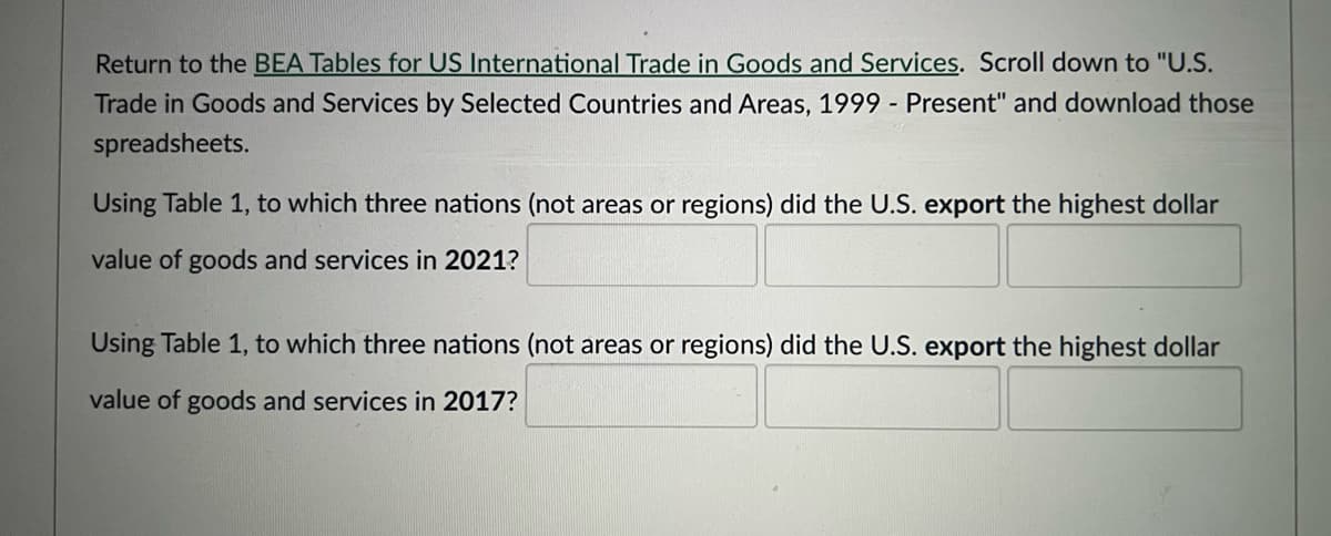 Return to the BEA Tables for US International Trade in Goods and Services. Scroll down to "U.S.
Trade in Goods and Services by Selected Countries and Areas, 1999 - Present" and download those
spreadsheets.
Using Table 1, to which three nations (not areas or regions) did the U.S. export the highest dollar
value of goods and services in 2021?
Using Table 1, to which three nations (not areas or regions) did the U.S. export the highest dollar
value of goods and services in 2017?