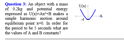 Question 3: An object with a mass
of 0.2kg and potential energy
expressed as U(x)=Ax2+B makes a
simple harmonic motion around
equlibrium point x=0. In order for
the period to be 5 seconds what are
U(x)
the values of A and B constants?
