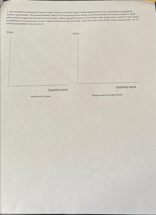 3. The coronavirus continues to have a major impact on interest rates In Data Assignment#2 you calculated and graphed
interest rate spreads. The spread between defaut risk free government bonds, and private corporate bonds, jumped in 2020
when covid emerged and the economy shut down, What Caused the jump in the interest rate spread when covid hit? Use supply
and demand to lustrate your answer. Explain shift factors for full credit. Label axis and curves (HINT: before doing shifts, set up
Initial spread (default risk premium
Price
Price
Quantity bond
Quantity bond
Junk bond 10 year
Government 10 year bond
