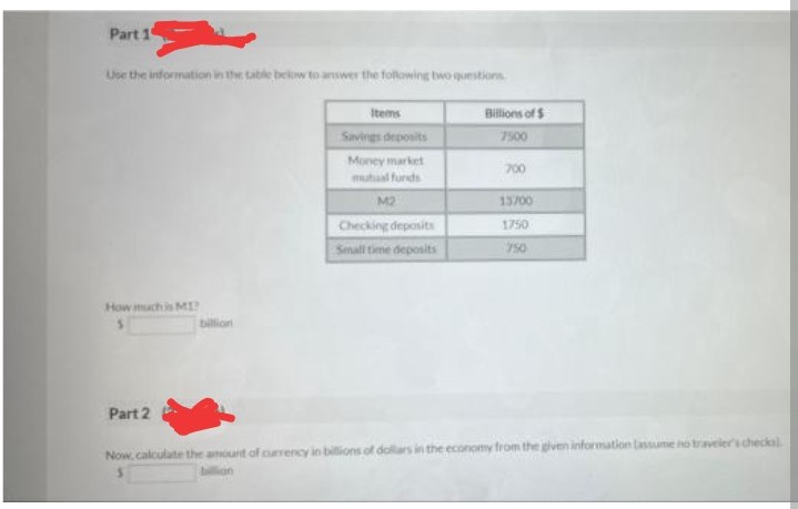 Part 1
Use the information in the table beiow to answer the following two questions
Items
Savings deposits
7500
Money market
mutual funds
700
M2
13700
Checking deposits
1750
Small time deposits
750
How much is ME
billion
Part 2
Now, calculate the anount of curvency in billions of dollars in the economy from the gven information lassume ho traveler's checkal
