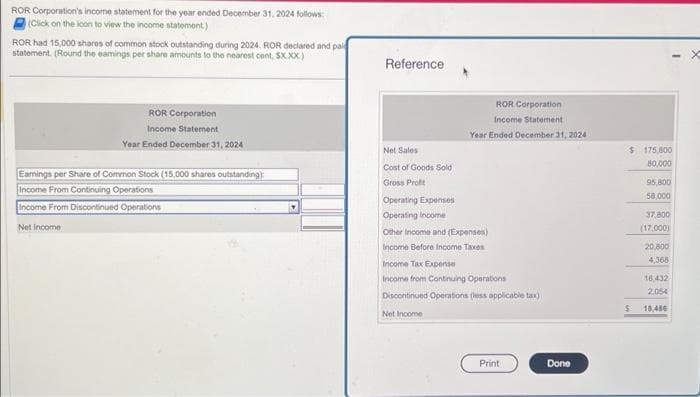 ROR Corporation's income statement for the year ended December 31, 2024 follows:
(Click on the loon to view the income statement)
ROR had 15,000 shares of common stock outstanding during 2024. ROR declared and paid
statement. (Round the eamings per share amounts to the nearest cent, SXXX)
ROR Corporation
Income Statement
Year Ended December 31, 2024
Earnings per Share of Common Stock (15,000 shares outstanding):
Income From Continuing Operations
Income From Discontinued Operations
Net Income
Reference
Net Sales
Cost of Goods Sold
Gross Profit
Operating Expenses
Operating income
ROR Corporation
Income Statement
Year Ended December 31, 2024
Other Income and (Expenses)
Income Before Income Taxes
Income Tax Expense
Income from Continuing Operations
Discontinued Operations (less applicable tax)
Net Income
Print
Done
$ 175,000
80,000
$
95,800
58,000
37,800
(17,000)
20,800
4,368
16,432
2,054
18,486
X