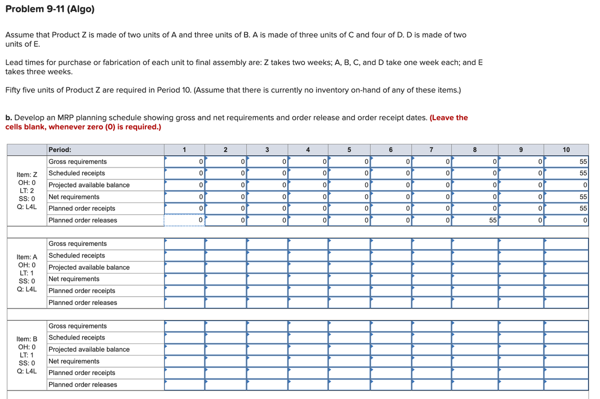 Problem 9-11 (Algo)
Assume that Product Z is made of two units of A and three units of B. A is made of three units of C and four of D. D is made of two
units of E.
Lead times for purchase or fabrication of each unit to final assembly are: Z takes two weeks; A, B, C, and D take one week each; and E
takes three weeks.
Fifty five units of Product Z are required in Period 10. (Assume that there is currently no inventory on-hand of any of these items.)
b. Develop an MRP planning schedule showing gross and net requirements and order release and order receipt dates. (Leave the
cells blank, whenever zero (0) is required.)
Item: Z
OH: 0
LT: 2
SS: 0
Q: L4L
Item: A
OH: 0
LT: 1
SS: 0
Q: L4L
Item: B
OH: 0
LT: 1
SS: 0
Q: L4L
Period:
Gross requirements
Scheduled receipts
Projected available balance
Net requirements
Planned order receipts
Planned order releases
Gross requirements
Scheduled receipts
Projected available balance
Net requirements
Planned order receipts
Planned order releases
Gross requirements
Scheduled receipts
Projected available balance
Net requirements
Planned order receipts
Planned order releases
1
0
0
0
0
0
0
2
0
0
0
0
0
0
3
0
0
0
0
0
0
4
0
0
0
0
0
0
5
0
0
0
0
0
0
6
0
0
0
0
0
0
7
0
0
0
0
0
0
8
0
0
0
0
0
9
0
0
0
0
0
0
10
55
55
0
55
55
0