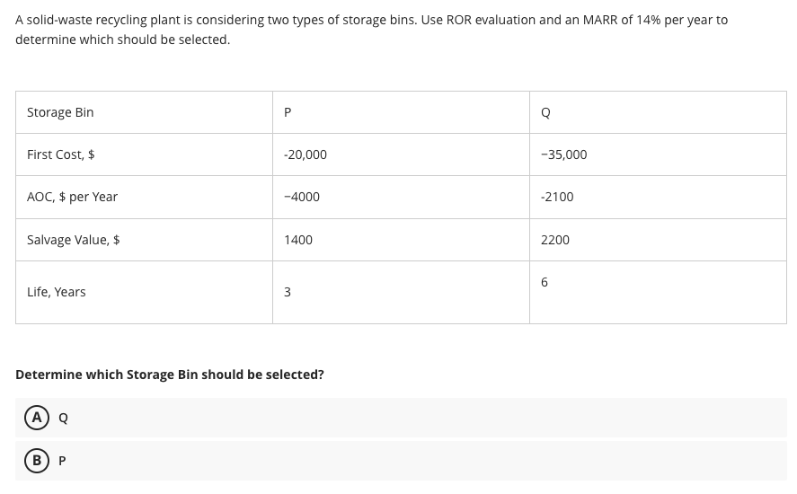 A solid-waste recycling plant is considering two types of storage bins. Use ROR evaluation and an MARR of 14% per year to
determine which should be selected.
Storage Bin
First Cost, $
AOC, $ per Year
Salvage Value, $
Life, Years
(A) Q
P
(B) P
-20,000
-4000
1400
Determine which Storage Bin should be selected?
3
Q
-35,000
-2100
2200
6