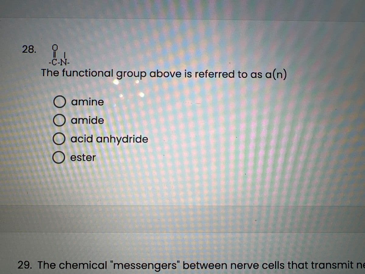 28. 1
||
-C-N-
The functional group above is referred to as a(n)
O amine
O amide
O acid anhydride
Oester
29. The chemical "messengers" between nerve cells that transmit ne