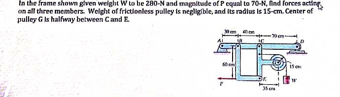 In the frame shown glven welght W to be 280-N and magnitude of P equal to 70-N, find forces acting
on all three members. Weight of frictiontess pulley is negligible, and Its radfus is 15-cm. Center of
pulley G is halfway between Cand E.
30 cm
40 cn
70 cm
60 em
15 cni
35 cn
