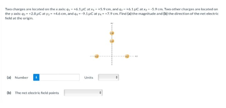 Two charges are located on the x axis: q₁ +6.1 μC at x₁ +5.9 cm, and q2 +6.1 μC at x2-5.9 cm. Two other charges are located on
the y axis: q3 - +2.8 μC at y3 +4.6 cm, and 94-9.1 µC at y4+7.9 cm. Find (a) the magnitude and (b) the direction of the net electric
field at the origin.
(a) Number
(b) The net electric field points
Units
23