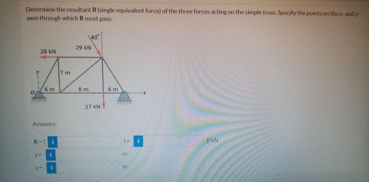 Determine the resultant R (single equivalent force) of the three forces acting on the simple truss. Specify the points on the x- and y-
axes through which R must pass.
40
29 kN
28 kN
7 m
6 m
8 m
6 m
27 kN
Answers:
i+
j KN
mi
