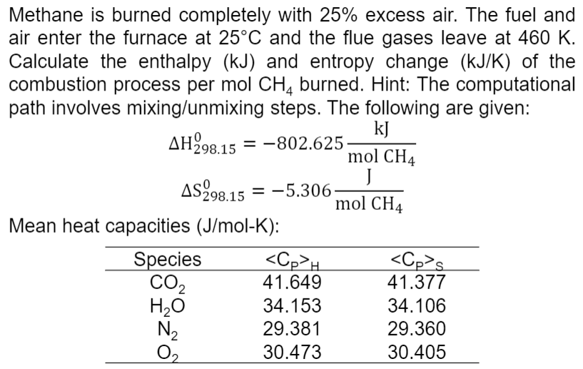 Methane is burned completely with 25% excess air. The fuel and
air enter the furnace at 25°C and the flue gases leave at 460 K.
Calculate the enthalpy (kJ) and entropy change (kJ/K) of the
combustion process per mol CH4 burned. Hint: The computational
path involves mixing/unmixing steps. The following are given:
AH298.15 = -802.625-
kJ
mol CH4
J
mol CH4
AS298.15 -5.306.
=
Mean heat capacities (J/mol-K):
Species
CO₂
H₂O
N₂
0₂
<Сp>H
41.649
34.153
29.381
30.473
<Cp>s
41.377
34.106
29.360
30.405