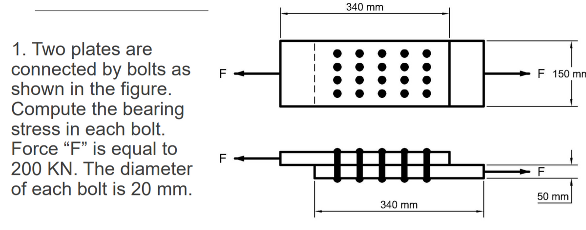 340 mm
1. Two plates are
connected by bolts as
shown in the figure.
Compute the bearing
stress in each bolt.
Force "F" is equal to
F 150 mm
200 KN. The diameter
of each bolt is 20 mm.
中
50 mm
340 mm
