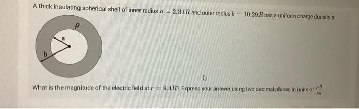 A thick insulating spherical shell of inner radius a = 2.31R and outer radius b = 10.29Rhas a uniform charge density p.
What is the magnitude of the electric field at r= 9,4R? Express your answer using two decimal places in units of
all
