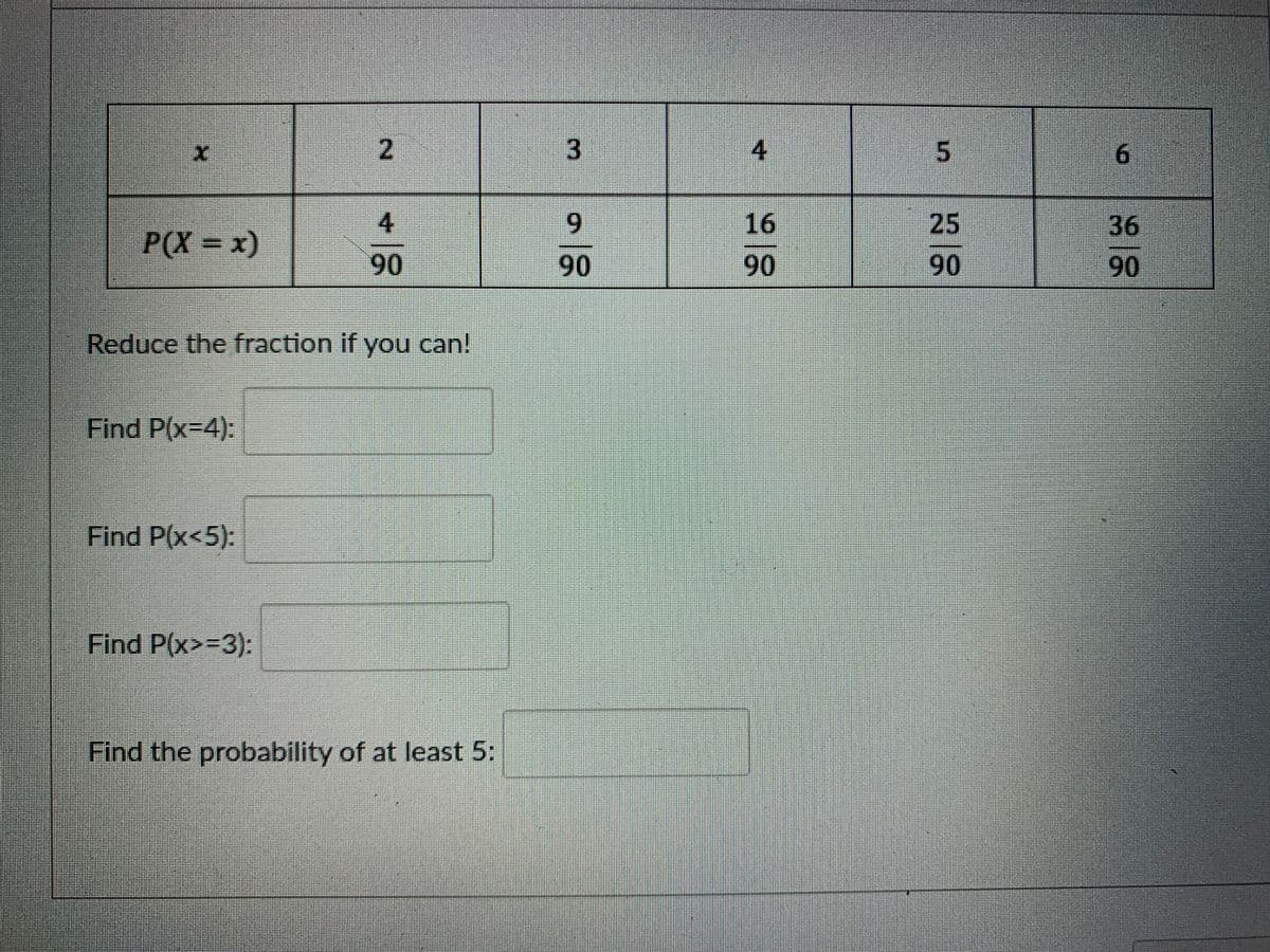 2.
3.
4
6.
4
6.
16
25
36
P(X=x)
90
90
90
90
90
Reduce the fraction if you can!
Find P(x-D4):
Find P(x<5):
Find P(x>3D3):
Find the probability of at least 5:
5.
