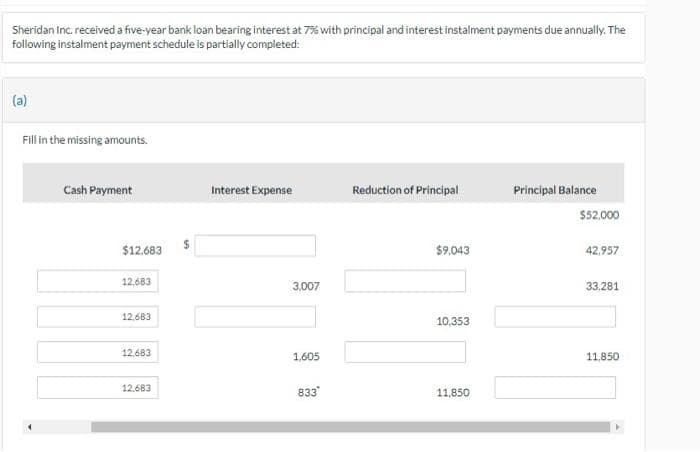 Sheridan Inc. received a five-year bank loan bearing interest at 7% with principal and interest instalment payments due annually. The
following instalment payment schedule is partially completed:
(a)
Fill in the missing amounts.
Cash Payment
$12,683
12,683
12.683
12,683
12.683
$
Interest Expense
3,007
1,605
833
Reduction of Principal
$9,043
10,353
11,850
Principal Balance
$52,000
42,957
33.281
11,850