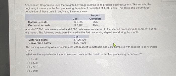 Annenbaum Corporation uses the weighted-average method in its process costing system. This month, the
beginning inventory in the first processing department consisted of 1,000 units. The costs and percentage
completion of these units in beginning inventory were:
Materials costs
Conversion costs
Cost
$ 6,300
$7,400
Percent
Complete
65%
45%
A total of 7,700 units were started and 6,500 units were transferred to the second processing department during
the month. The following costs were incurred in the first processing department during the month:
Cost
$ 126,100
$ 207,600
Materials costs
Conversion costs
The ending inventory was 50% complete with respect to materials and 35% Complete with respect to conversion
costs.
What are the equivalent units for conversion costs for the month in the first processing department?
8,700
6,500
770
7,270
