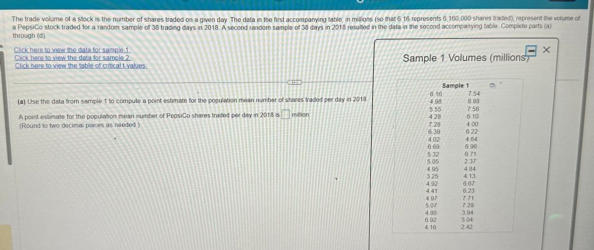 The trade volume of a stock is the number of shares traded on a given day. The data in the first accompanying table, in millions (so that 6.16 represents 6,160,000 shares traded), represent the volume of
a PepsiCo stock traded for a random sample of 38 trading days in 2018. A second random sample of 38 days in 2018 resulted in the data in the second accompanying table. Complete parts (a)
through (d).
EX
Click here to view the data for sample 1.
Click here to view the data for sample 2.
Click here to view the table of critical t-values.
....
(a) Use the data from sample 1 to compute a point estimate for the population mean number of shares traded per day in 2018.
A point estimate for the population mean number of PepsiCo shares traded per day in 2018 is
(Round to two decimal places as needed.)
million.
Sample 1 Volumes (millions
6.16
4.98
5.55
4.28
7.28
6.39
4.02
6.69
5.32
5.05
4.95
3.25
4.92
4.41
4.97
5.07
4.80
6.92
4.16
Sample 1
7.54
8.88
7.56
6.10
4.00
6.22
4.64
6.96
6.71
2.37
4.84
4.13
6.67
6.23
7.71
7.29
3.94
5.04
2.42
0