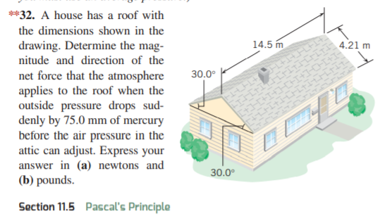 **32. A house has a roof with
the dimensions shown in the
drawing. Determine the mag-
14.5 m
4.21 m
nitude and direction of the
net force that the atmosphere
applies to the roof when the
outside pressure drops sud-
denly by 75.0 mm of mercury
before the air pressure in the
attic can adjust. Express your
answer in (a) newtons and
(b) pounds.
30.0°
30.0°
Section 11.5 Pascal's Principle
