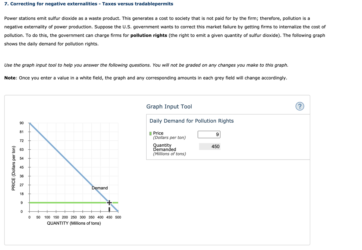 7. Correcting for negative externalities - Taxes versus tradablepermits
Power stations emit sulfur dioxide as a waste product. This generates a cost to society that is not paid for by the firm; therefore, pollution is a
negative externality of power production. Suppose the U.S. government wants to correct this market failure by getting firms to internalize the cost of
pollution. To do this, the government can charge firms for pollution rights (the right to emit a given quantity of sulfur dioxide). The following graph
shows the daily demand for pollution rights.
Use the graph input tool to help you answer the following questions. You will not be graded on any changes you make to this graph.
Note: Once you enter a value in a white field, the graph and any corresponding amounts in each grey field will change accordingly.
Graph Input Tool
Daily Demand for Pollution Rights
90
81
I Price
(Dollars per ton)
9.
72
Quantity
Demanded
(Millions of tons)
450
63
54
45
36
27
Demand
18
50
100 150 200 250 300 350 400 450 500
QUANTITY (Millions of tons)
PRICE (Dollars per ton)
