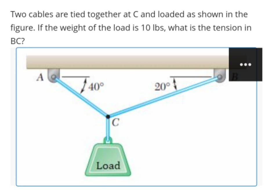 Two cables are tied together at C and loaded as shown in the
figure. If the weight of the load is 10 lbs, what is the tension in
BC?
J40°
20°
Load
