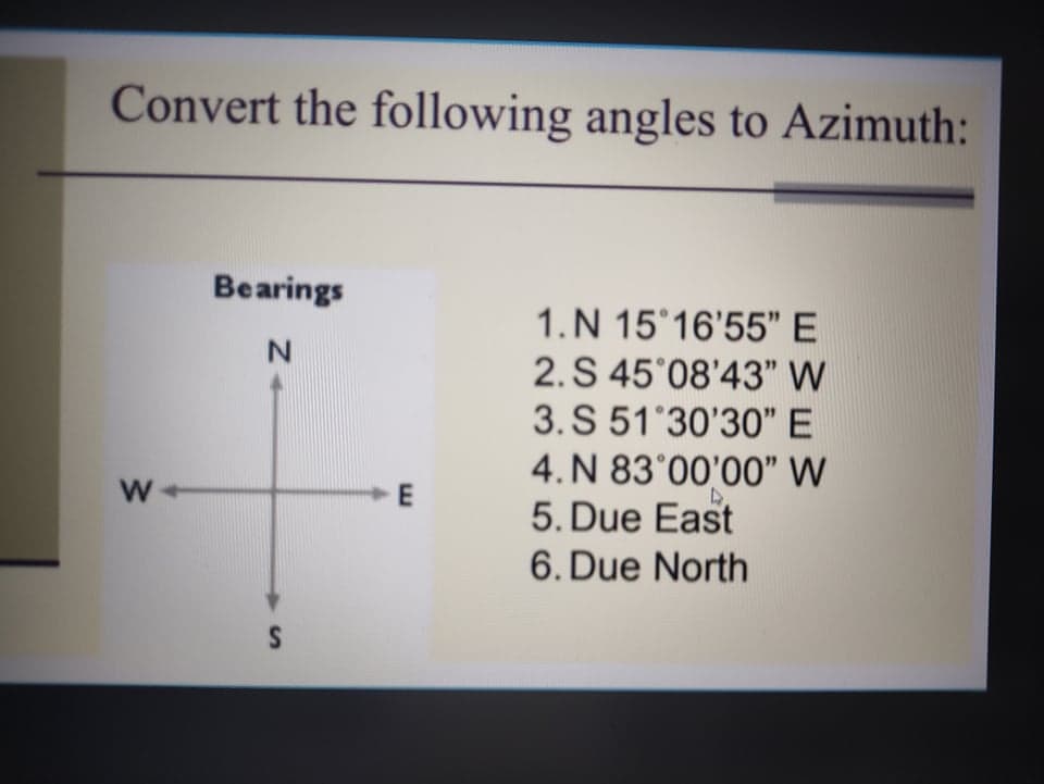 Convert the following angles to Azimuth:
Bearings
1.N 15 16'55" E
N
2. S 45°08'43" W
3. S 51 30'30" E
4. N 83°00'00" W
5. Due East
E
6. Due North
