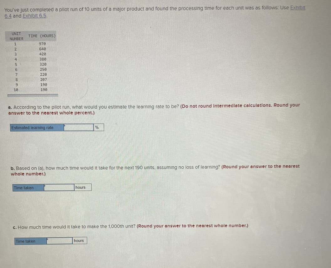 You've just completed a pilot run of 10 units of a major product and found the processing time for each unit was as follows: Use Exhibit
6.4 and Exhibit 6.5.
UNIT
NUMBER
1
2
3
4
5
6
19
7
8
9
10
TIME (HOURS)
970
640
420
380
320
250
220
a. According to the pilot run, what would you estimate the learning rate to be? (Do not round Intermediate calculations. Round your
answer to the nearest whole percent.)
Time taken
207
190
190
Estimated learning rate
Time taken
b. Based on (a), how much time would it take for the next 190 units, assuming no loss of learning? (Round your answer to the nearest
whole number.)
hours
%
c. How much time would It take to make the 1,000th unit? (Round your answer to the nearest whole number.)
hours