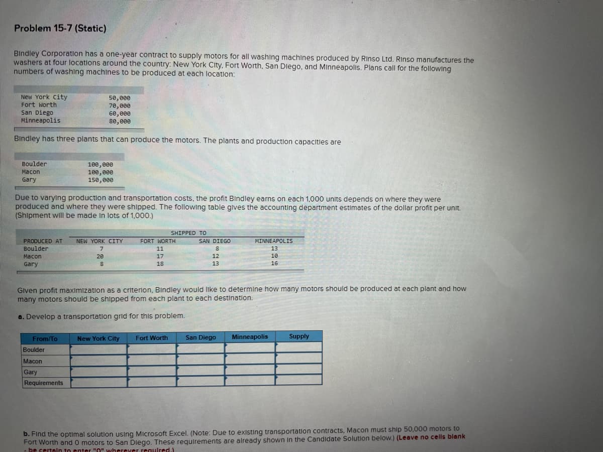 Problem 15-7 (Static)
Bindley Corporation has a one-year contract to supply motors for all washing machines produced by Rinso Ltd. Rinso manufactures the
washers at four locations around the country: New York City, Fort Worth, San Diego, and Minneapolis. Plans call for the following
numbers of washing machines to be produced at each location:
New York City
Fort Worth
50,000
San Diego
70,000
60,000
80,000
Minneapolis
Bindley has three plants that can produce the motors. The plants and production capacities are
Boulder
Macon
Gary
Due to varying production and transportation costs, the profit Bindley earns on each 1,000 units depends on where they were
produced and where they were shipped. The following table gives the accounting department estimates of the dollar profit per unit.
(Shipment will be made in lots of 1,000.)
PRODUCED AT NEW YORK CITY
Boulder
Macon
Gary
100,000
100,000
150,000
From/To
Boulder
Macon
Gary
Requirements
7
20
8
New York City
SHIPPED TO
FORT WORTH
11
17
18
Given profit maximization as a criterion, Bindley would like to determine how many motors should be produced at each plant and how
many motors should be shipped from each plant to each destination.
a. Develop a transportation grid for this problem.
Fort Worth
SAN DIEGO
8
12
13
MINNEAPOLIS
13
San Diego
10
16
Minneapolis
Supply
b. Find the optimal solution using Microsoft Excel. (Note: Due to existing transportation contracts, Macon must ship 50,000 motors to
Fort Worth and 0 motors to San Diego. These requirements are already shown in the Candidate Solution below.) (Leave no cells blank
be certain to enter "0" wherever required.)