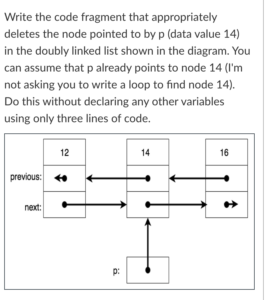 Write the code fragment that appropriately
deletes the node pointed to by p (data value 14)
in the doubly linked list shown in the diagram. You
can assume that p already points to node 14 (I'm
not asking you to write a loop to find node 14).
Do this without declaring any other variables
using only three lines of code.
previous:
next:
12
p:
14
16