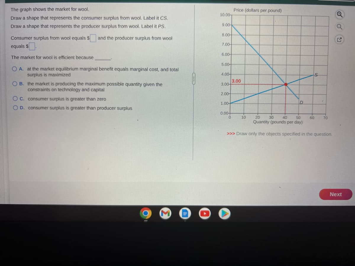 The graph shows the market for wool.
Draw a shape that represents the consumer surplus from wool. Label it CS.
Draw a shape that represents the producer surplus from wool. Label it PS.
and the producer surplus from wool
Consumer surplus from wool equals $
equals $
The market for wool is efficient because
O A. at the market equilibrium marginal benefit equals marginal cost, and total
surplus is maximized
OB. the market is producing the maximum possible quantity given the
constraints on technology and capital
OC. consumer surplus is greater than zero
OD. consumer surplus is greater than producer surplus
10.00-
9.00-
8.00-
7.00-
6.00-
5.00-
4.00-
3.00-
2.00-
1.00-
0.00
0
Price (dollars per pound)
3.00
D
10
20 30
40
50
Quantity (pounds per day)
>>> Draw only the objects specified in the question.
S
60
F
70
Q
Next