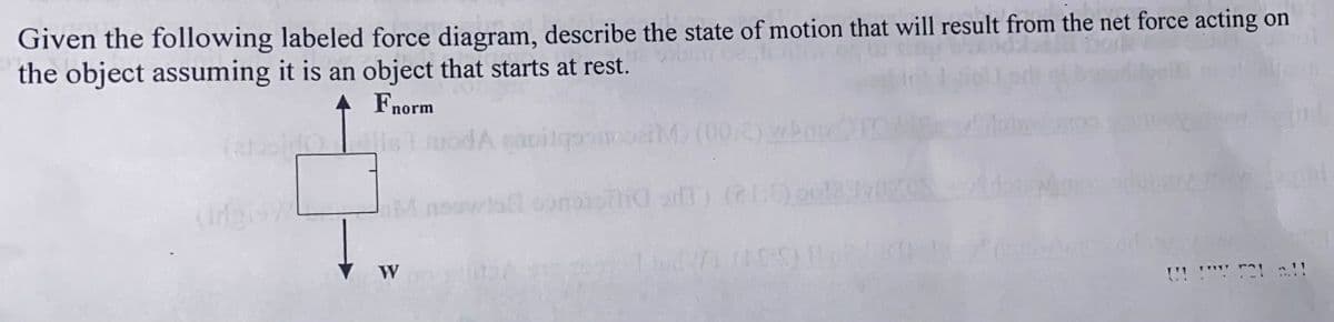 Given the following labeled force diagram, describe the state of motion that will result from the net force acting on
the object assuming it is an object that starts at rest.
A Fnorm
(00:2)wbn
nsowal oonoiotlid aT) (2
W
U! T .!!
