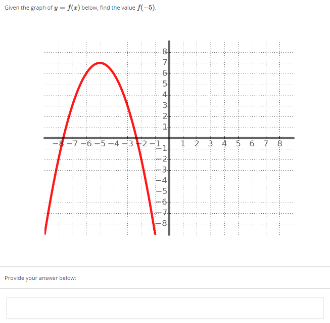 Given the graph of y = f(x) below, find the value f(-5).
4
A
-8-7-6-5-4-3-2-1 1 2 3 4 5
6
1
-2
3
-4
-5
Provide your answer below:
0053 NH
LEE
6
-6
-7.
7 8
CO