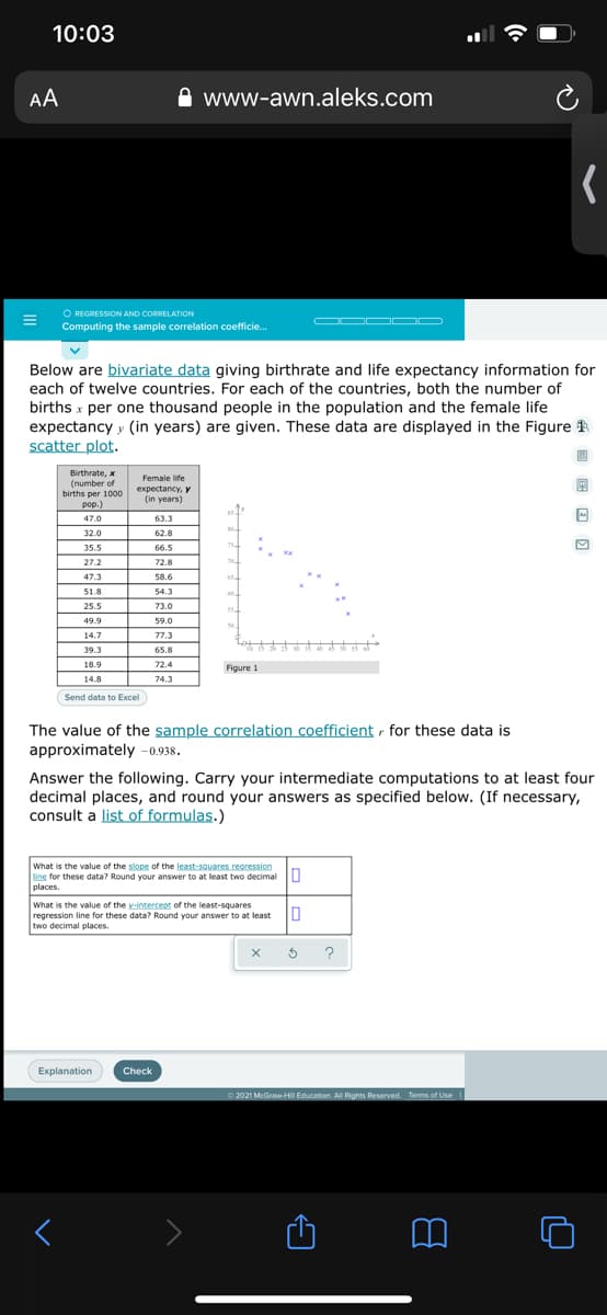 (eirate, x
10:03
AA
www-awn.aleks.com
O REGRESSION AND CORRELATION
Computing the sample correlation coefficie.
OOD OD
Below are bivariate data giving birthrate and life expectancy information for
each of twelve countries. For each of the countries, both the number of
births x per one thousand people in the population and the female life
expectancy y (in years) are given. These data are displayed in the Figure 1
scatter plot.
Birthrate, x
(number of
Female life
еxpectancy, у
births per 1000
рор.)
(in years)
pop.
47.0
63.3
32.0
62.8
35.5
66.5
75
27.2
72.8
47.3
58.6
51.8
54.3
25.5
73.0
55
49.9
59.0
14.7
77.3
39.3
65.8
18.9
72.4
Figure 1
14.8
74.3
Send data to Excel
The value of the sample correlation coefficient - for these data is
approximately -0.938.
Answer the following. Carry your intermediate computations to at least four
decimal places, and round your answers as specified below. (If necessary,
consult a list of formulas.)
What is the value of the slope of the least-sauares regression
line for these data? Round your answer to at least two decimal IU
places.
What is the value of the y-intercent of the least-squares
regression line for these data? Round your answer to at least
two decimal places.
Explanation
Check
O 2021 McGraw-HII Education. All Rights Reserved. Terms of Use
