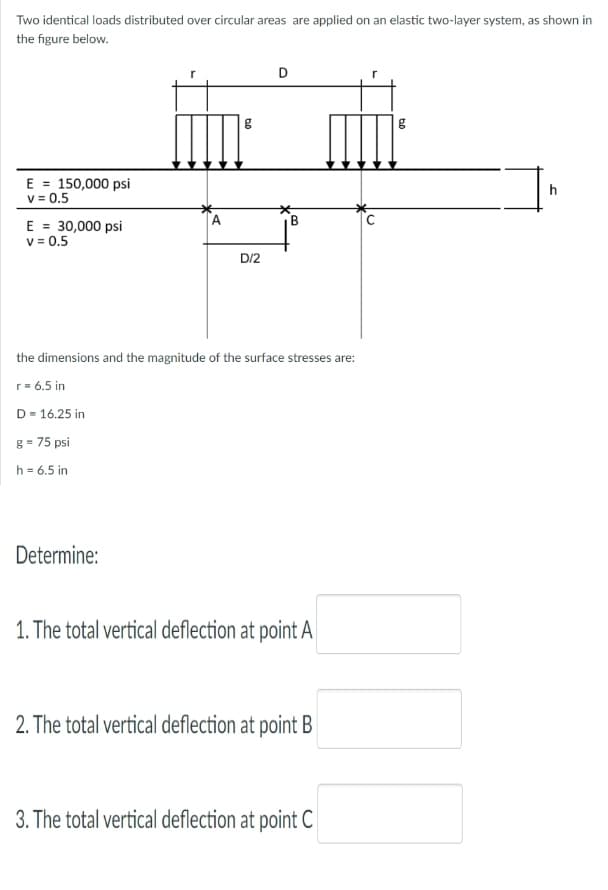 Two identical loads distributed over circular areas are applied on an elastic two-layer system, as shown in
the figure below.
D
E = 150,000 psi
v = 0.5
h
E = 30,000 psi
v = 0.5
D/2
the dimensions and the magnitude of the surface stresses are:
r= 6.5 in
D= 16.25 in
g = 75 psi
h = 6.5 in
Determine:
1. The total vertical deflection at point A
2. The total vertical deflection at point B
3. The total vertical deflection at point C
