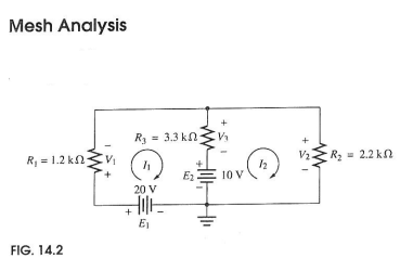 Mesh Analysis
+51
V₂
R₂ = 2.2 k
12
Ez
10 V
20 V
R₁ = 1.2k
R₁ = 3.3 kn
ΚΩ
FIG. 14.2
E₁