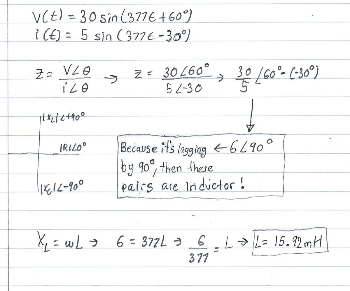 V(t) = 30 sin (377€ +60°)
i (t) = 5 sin (377€-30°)
Z=
VLO
Z = 30460°
iLo
52-30
5
30 (60° (-30°)
11X2/2+90°
IRILO°
11812-900
Because it's lagging <6/90°
by 90°, then these
pairs are inductor!
X₁ = WL + 6 = 377L 6
→
377
L⇒ L= 15.92mH