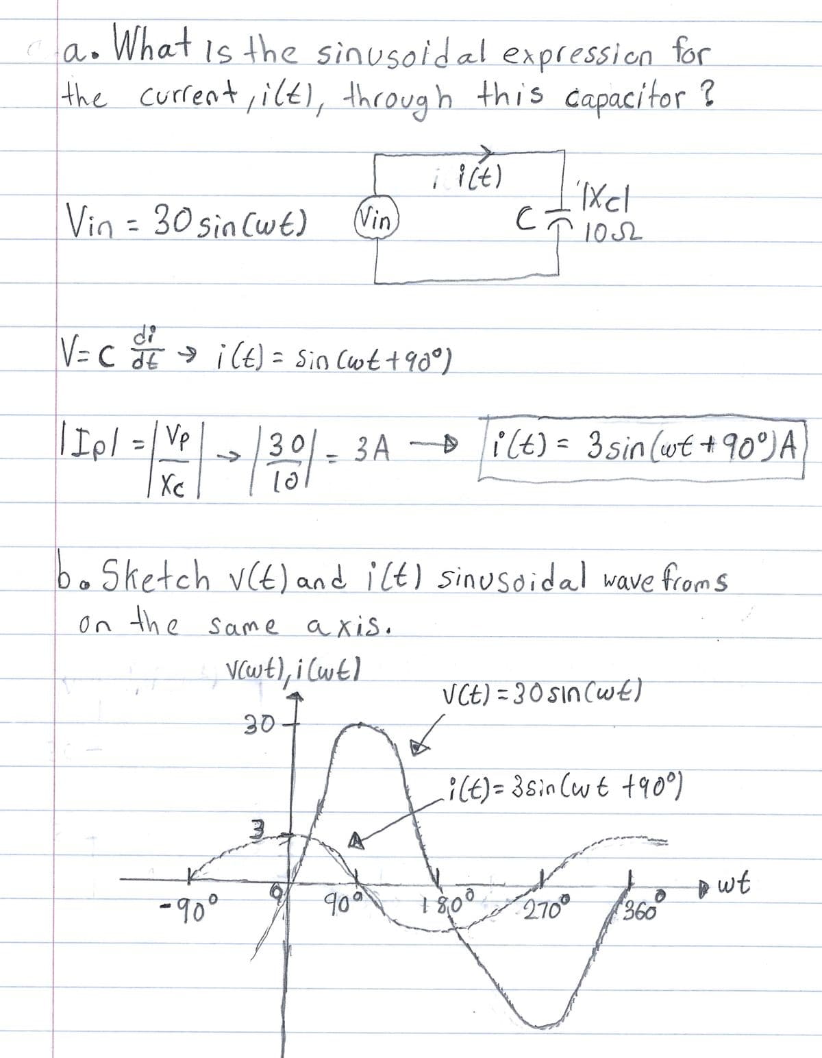 ет
а
a.
What is the sinusoidal expression for
the current, i(t), through this capacitor ?
ii(t)
Xcl
Vin = 30 sin (wt)
Vin
C
102
V=C
2/2
V = c +/- & i(t) = Sin (wt +90°)
| Ipl = /Vp
Хо
(૭
30/
3A i(t) = 3 sin (wt +90°) A
Sketch v(t) and i(t) sinusoidal wave from s
on the same axis.
V(wt), i (wt)
30
V(t) = 30 sin (wt)
i(t) = 3sin(wt +90°)
3
A
K
-90°
90°
1802
270°
wt
0
360