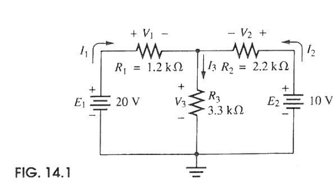 FIG. 14.1
E₁
+Vi
-
w
R₁ = 1.2 ΚΩ
-
- V2 +
W
13 R₂ = 2.2 k
12
+
+
+
20 V
V3
R3
E2
10 V
3.3 ΚΩ