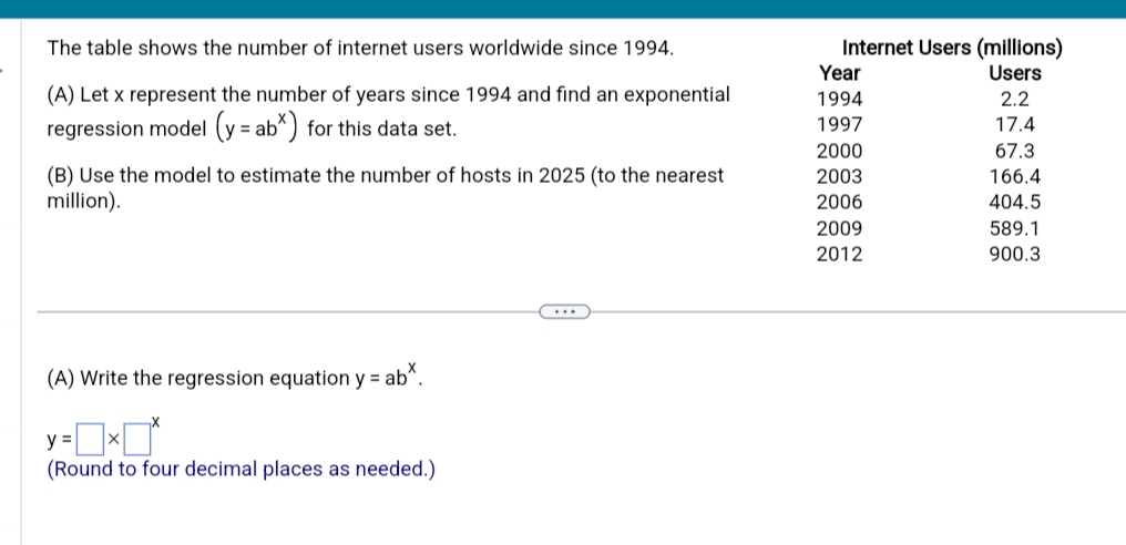 The table shows the number of internet users worldwide since 1994.
(A) Let x represent the number of years since 1994 and find an exponential
regression model (y = ab*) for this data set.
(B) Use the model to estimate the number of hosts in 2025 (to the nearest
million).
(A) Write the regression equation y = ab*.
y =
(Round to four decimal places as needed.)
Internet Users (millions)
Users
2.2
17.4
Year
1994
1997
2000
2003
2006
2009
2012
67.3
166.4
404.5
589.1
900.3