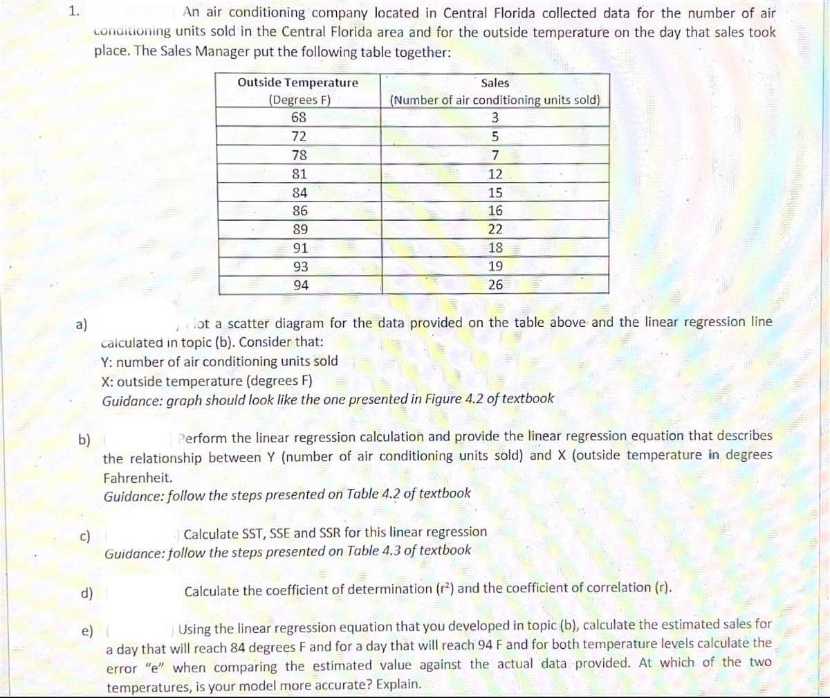 1.
An air conditioning company located in Central Florida collected data for the number of air
conditioning units sold in the Central Florida area and for the outside temperature on the day that sales took
place. The Sales Manager put the following table together:
Outside Temperature
Sales
(Degrees F)
(Number of air conditioning units sold)
68
72
78
7
81
12
84
15
86
16
89
22
91
18
93
19
94
26
a)
calculated in topic (b). Consider that:
Y: number of air conditioning units sold
X: outside temperature (degrees F)
Guidance: graph should look like the one presented in Figure 4.2 of textbook
lot a scatter diagram for the data provided on the table above and the linear regression line
Perform the linear regression calculation and provide the linear regression equation that describes
b)
the relationship between Y (number of air conditioning units sold) and X (outside temperature in degrees
Fahrenheit.
Guidance: follow the steps presented on Table 4.2 of textbook
Calculate SST, SSE and SSR for this linear regression
c)
Guidance: follow the steps presented on Table 4.3 of textbook
d)
Calculate the coefficient of determination (r?) and the coefficient of correlation (r).
) Using the linear regression equation that you developed in topic (b), calculate the estimated sales for
a day that will reach 84 degrees F and for a day that will reach 94 F and for both temperature levels calculate the
error "e" when comparing the estimated value against the actual data provided. At which of the two
temperatures, is your model more accurate? Explain.
