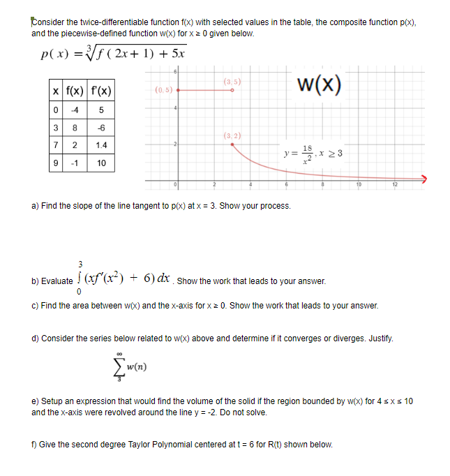 Consider the twice-differentiable function f(x) with selected values in the table, the composite function p(x),
and the piecewise-defined function w(x) for x > 0 given below.
p( x) =Vf ( 2x+ 1) + 5x
w(x)
(3,5)
x f(x) f(x)
(0, 5)
0 4
3 8
7 2
-6
(3, 2)
1.4
18
y =
23
9 -1
10
10
12
a) Find the slope of the line tangent to p(x) at x = 3. Show your process.
3
b) Evaluate ! (xf (x) + 6) dx Show the work that leads to your answer.
c) Fir
I the area between w(x) and the x-axis
2 0. Show the work that leads to your answer.
d) Consider the series below related to w(x) above and determine if it converges or diverges. Justify.
w(n)
e) Setup an expression that would find the volume of the solid if the region bounded by w(x) for 4 sxs 10
and the x-axis were revolved around the line y = -2. Do not solve.
f) Give the second degree Taylor Polynomial centered at t = 6 for R(t) shown below.
