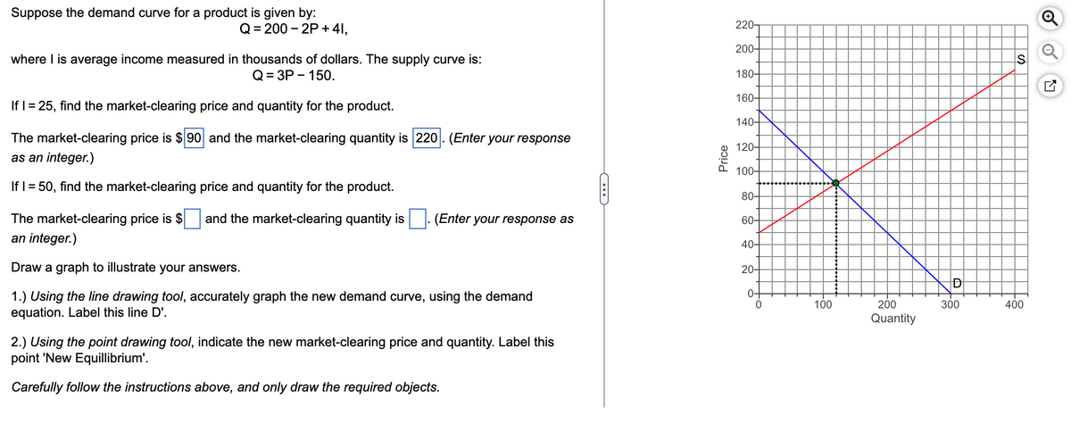 Suppose the demand curve for a product is given by:
Q=200-2P
+ 41,
where I is average income measured in thousands of dollars. The supply curve is:
Q=3P - 150.
If I = 25, find the market-clearing price and quantity for the product.
The market-clearing price is $90 and the market-clearing quantity is 220. (Enter your response
as an integer.)
If I = 50, find the market-clearing price and quantity for the product.
The market-clearing price is $ and the market-clearing quantity is
an integer.)
Draw a graph to illustrate your answers.
1.) Using the line drawing tool, accurately graph the new demand curve, using the demand
equation. Label this line D'.
(Enter your response as
2.) Using the point drawing tool, indicate the new market-clearing price and quantity. Label this
point 'New Equillibrium'.
Carefully follow the instructions above, and only draw the required objects.
—
Price
220-
200-
180-
160-
140-
120-
100-
80-
60-
40-
20-
0-
0
100
200
Quantity
D
300
S
400
O