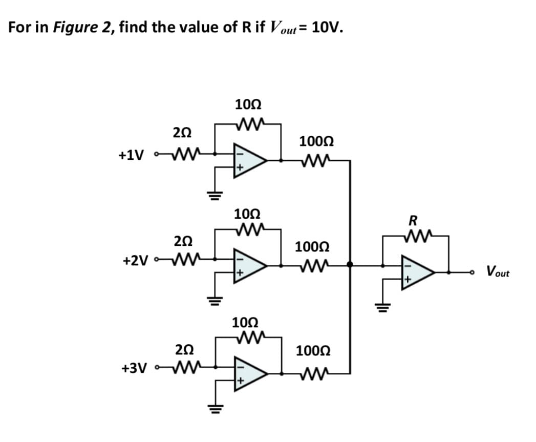 For in Figure 2, find the value of R if Vout= 10V.
%3D
10Ω
20
1000
+1V
ww
100
ww
R
20
1002
+2V W
Vout
102
20
1002
+3V M
+
