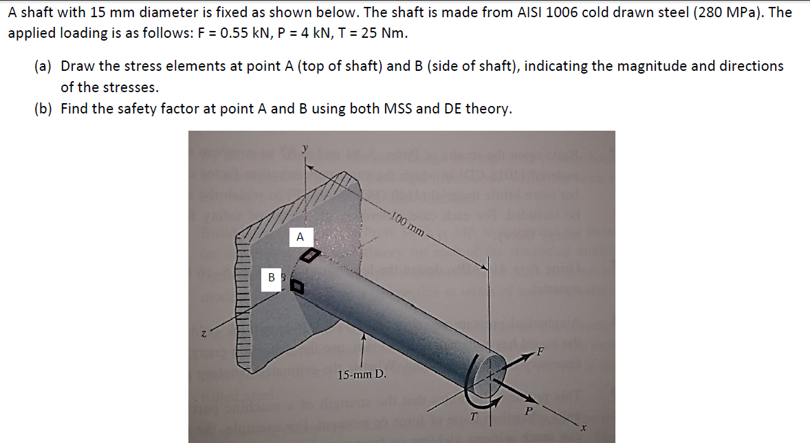 A shaft with 15 mm diameter is fixed as shown below. The shaft is made from AISI 1006 cold drawn steel (280 MPa). The
applied loading is as follows: F = 0.55 kN, P = 4 kN, T = 25 Nm.
(a) Draw the stress elements at point A (top of shaft) and B (side of shaft), indicating the magnitude and directions
of the stresses.
(b) Find the safety factor at point A and B using both MSS and DE theory.
100 mm
A
B
15-mm D.
