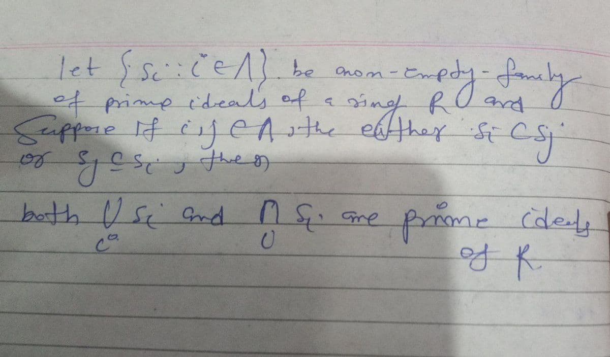 let {S: (=^). be mom-Em
of prime ideals of a
sing
Rand
Suppose if cijenu the eather Si CSj
or sjes, thes
both Usi and M. S. are
со
U
Prome ideas
of R