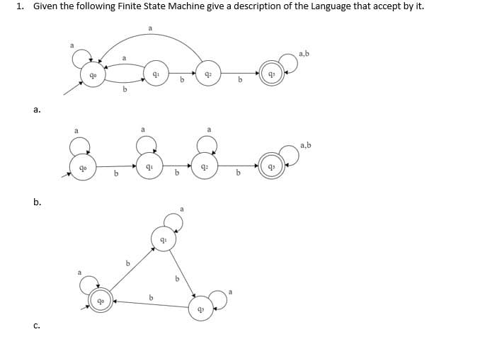 1. Given the following Finite State Machine give a description of the Language that accept by it.
a.
b.
a
qº
b
a
q¹
q¹
b
b
b
q²
q₁
a
9²
b
b
q₁
a,b
a,b