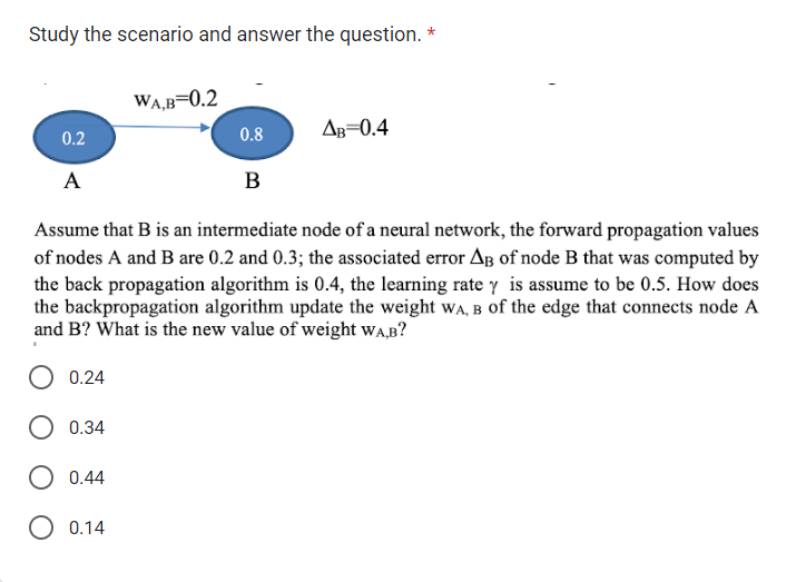 Study the scenario and answer the question.
0.2
A
0.24
0.34
WA,B=0.2
O 0.44
O 0.14
0.8
B
Assume that B is an intermediate node of a neural network, the forward propagation values
of nodes A and B are 0.2 and 0.3; the associated error AB of node B that was computed by
the back propagation algorithm is 0.4, the learning rate y is assume to be 0.5. How does
the backpropagation algorithm update the weight WA, B of the edge that connects node A
and B? What is the new value of weight WA,B?
AB=0.4
*